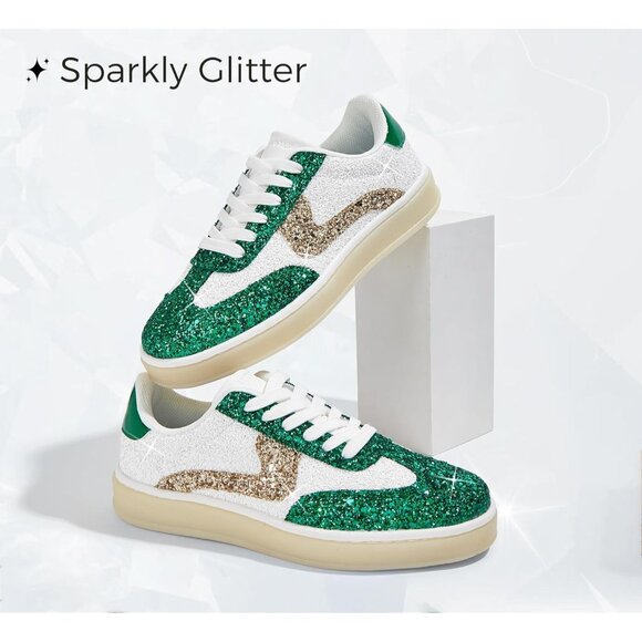 Lucky Step Women Green Sparkly Bling Shiny Dressy Bedazzled Bridal Sneakers - Picture 2 of 9